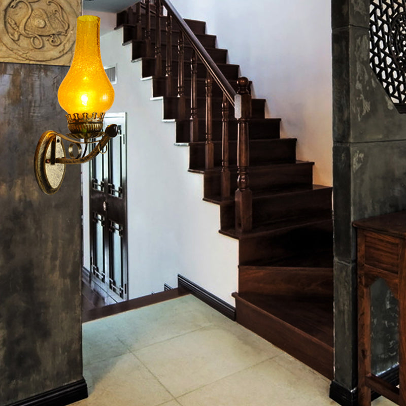 Coastal Candle Wall Mount Light 1 Head Yellow Crackle Glass Wall Sconce Lamp in Bronze