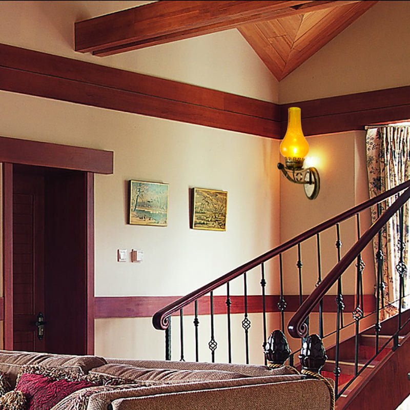 Coastal Candle Wall Mount Light 1 Head Yellow Crackle Glass Wall Sconce Lamp in Bronze