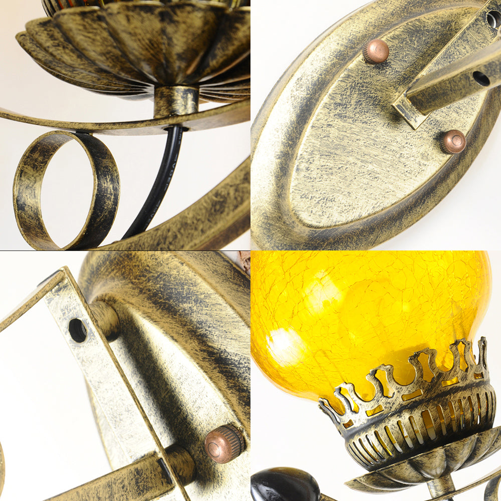 Coastal Candle Wall Mount Light 1 Head Yellow Crackle Glass Wall Sconce Lamp in Bronze