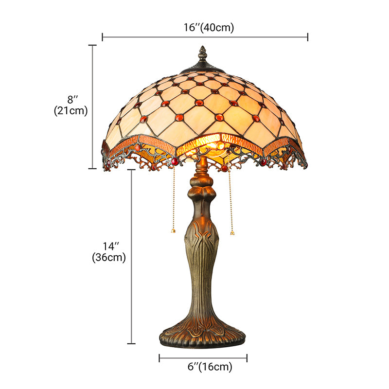 2 Lights Bowl Desk Light with Bead Tiffany Classic Art Glass Desk Lamp in Beige for Study Room