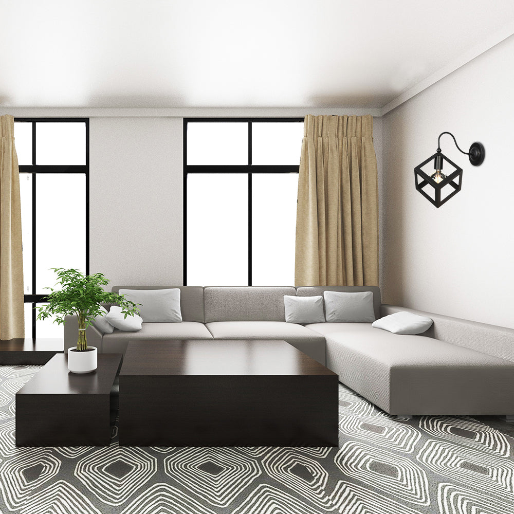 Cube Cage Bedroom Wall Lighting Vintage Metal 1 Bulb Black/Rust Finish Wall Sconce Lamp with Gooseneck Arm