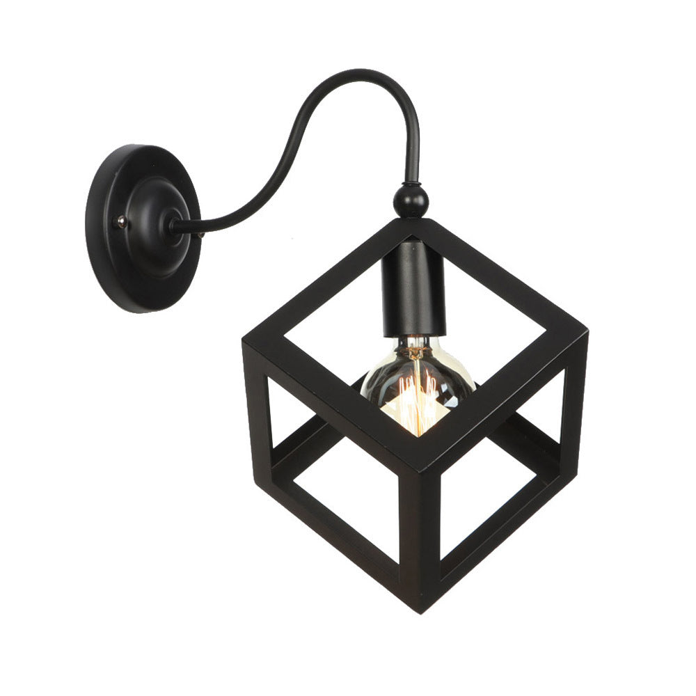 Cube Cage Bedroom Wall Lighting Vintage Metal 1 Bulb Black/Rust Finish Wall Sconce Lamp with Gooseneck Arm