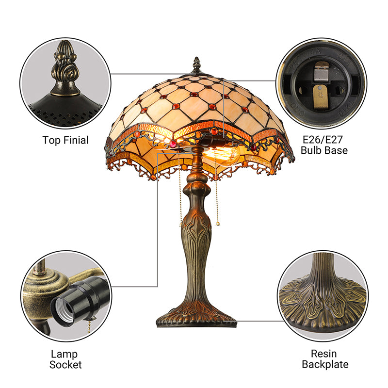2 Lights Bowl Desk Light with Bead Tiffany Classic Art Glass Desk Lamp in Beige for Study Room