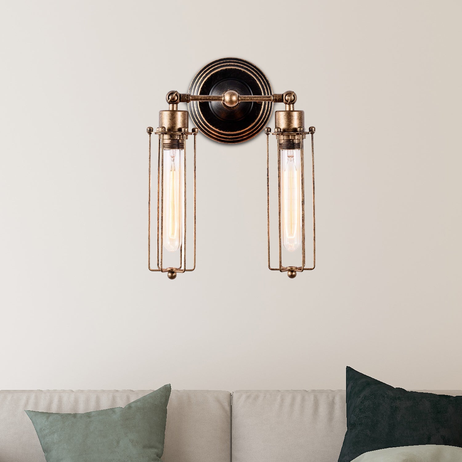 Rust 2 Lights Wall Sconce Lamp Industrial Metal Cylinder Cage Wall Mounted Light Fixture with Adjustable Node