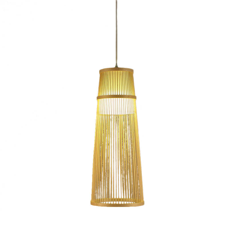 Beige Conical Drop Lamp Asian Style Single Bulb Bamboo Hanging Ceiling Light for Living Room