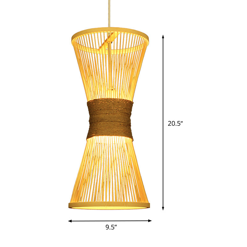 Hourglass Hanging Lamp Asian Style Bamboo Single Bulb Beige Ceiling Pendant Light