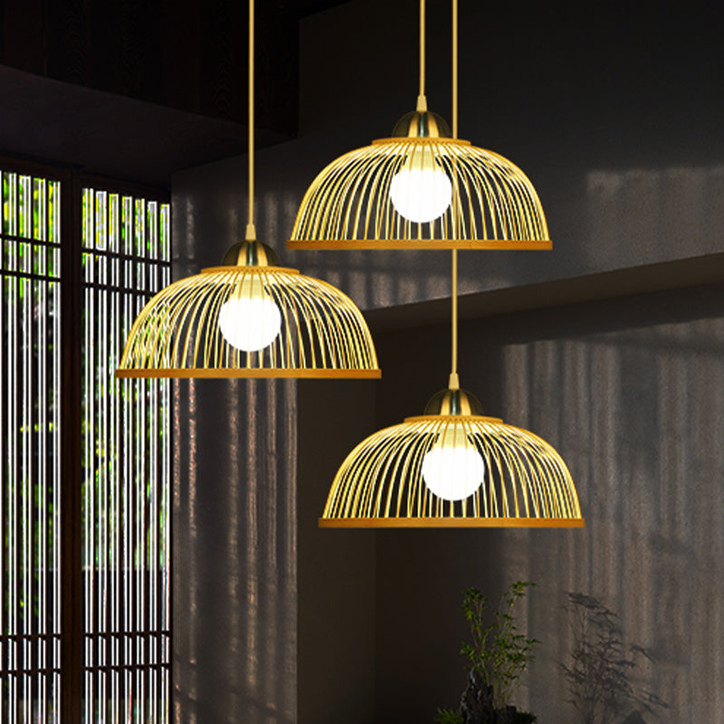 Kuppel hängende Deckenleichter Asiatischer Stil Bambus Single Glühbirne Beige Anhängerlampe für die Teestube