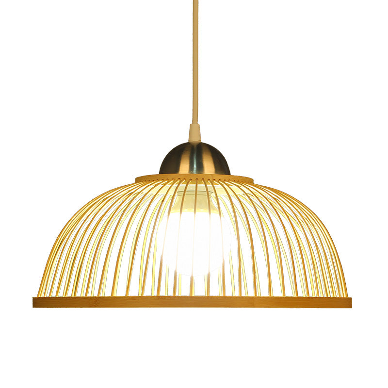 Dome Hanging Ceiling Light Asian Style Bamboo Single Bulb Beige Pendant Lamp for Tearoom