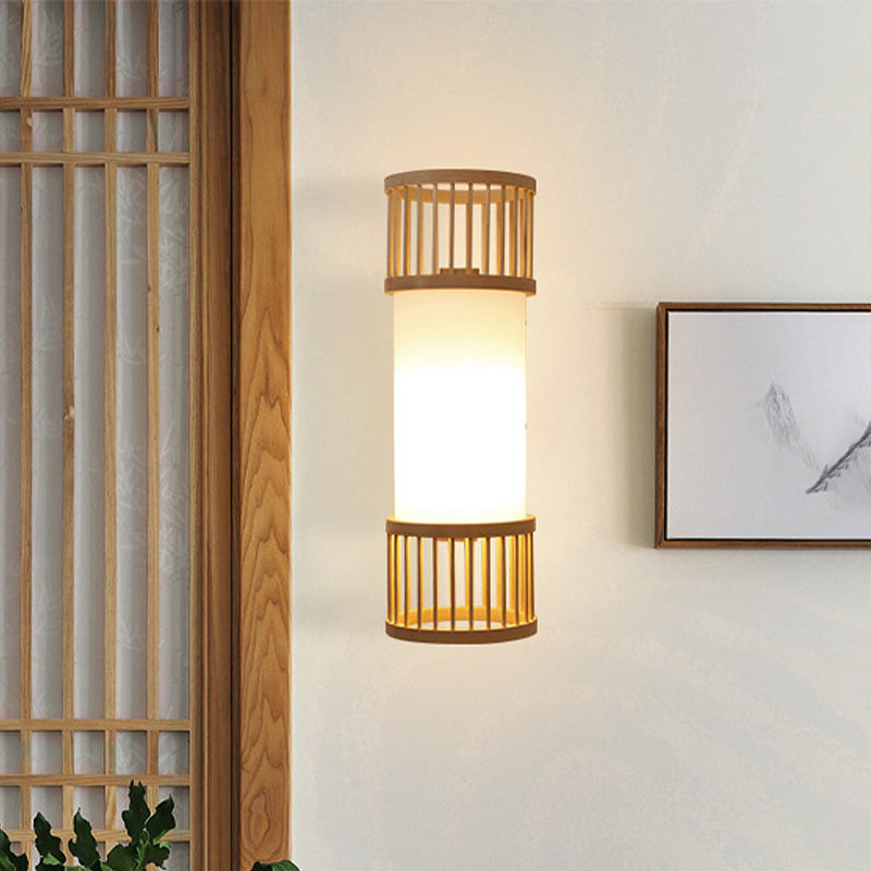 Asian Style Single Bulb Wall Lamp Sconce Beige Cylinder Wall Lighting with Wooden Shade