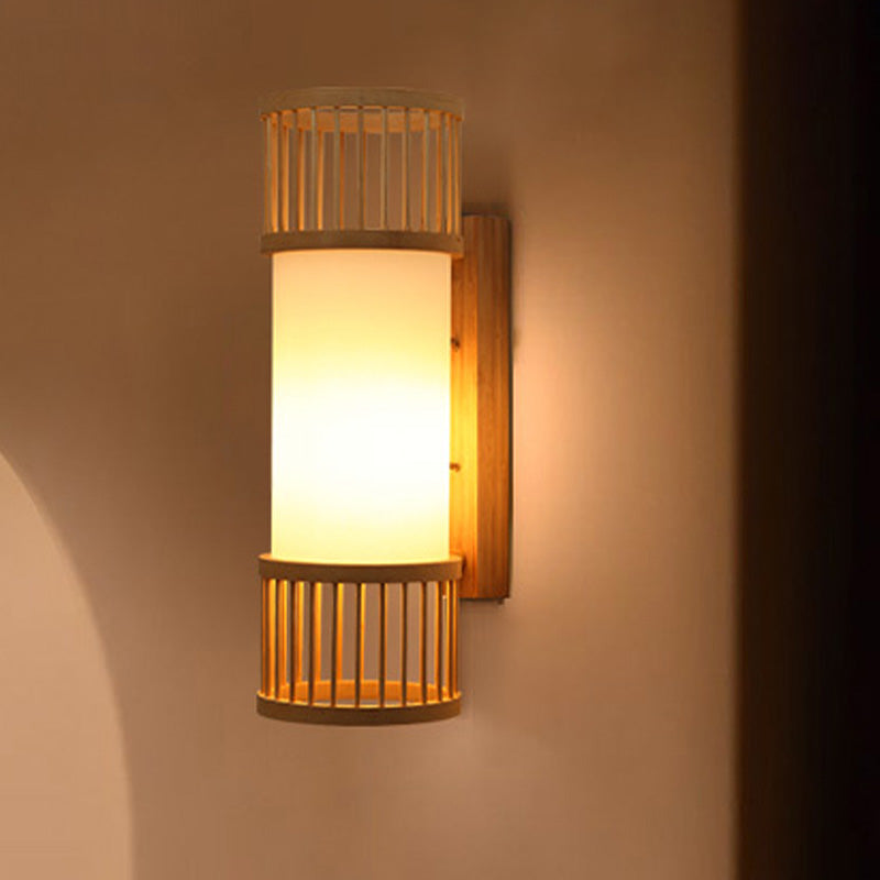 Asian Style Single Bulb Wall Lamp Sconce Beige Cylinder Wall Lighting with Wooden Shade