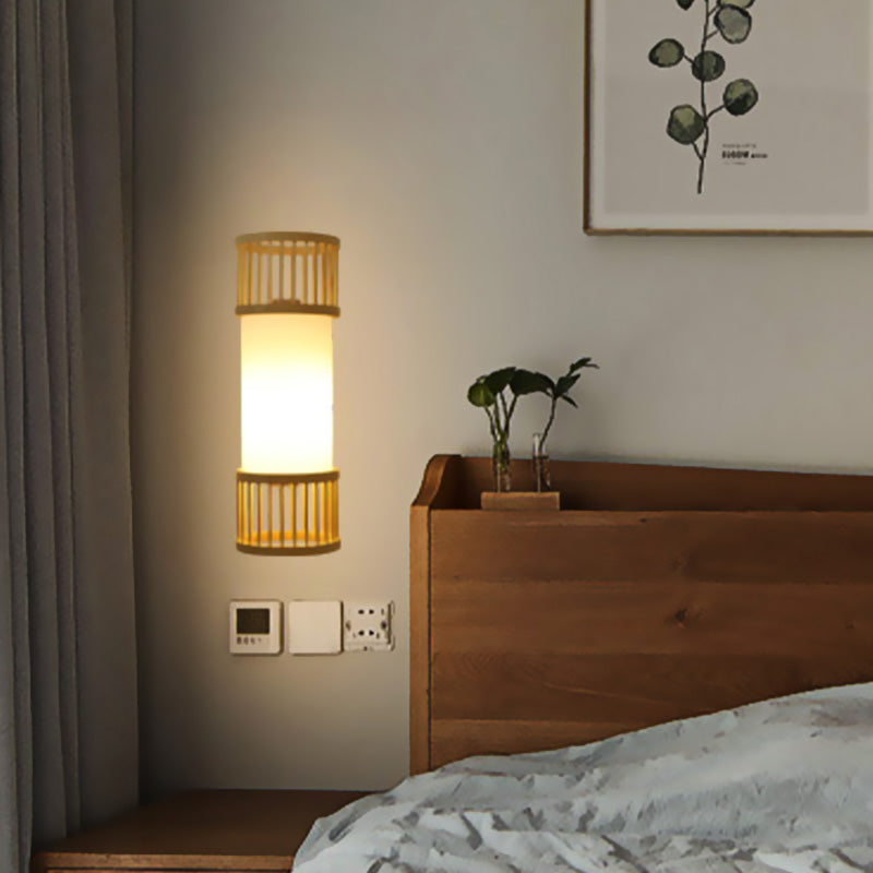 Stile asiatico Lampada singola lampada a parete SCONCE BEIGE Accensione della parete del cilindro con tonalità in legno