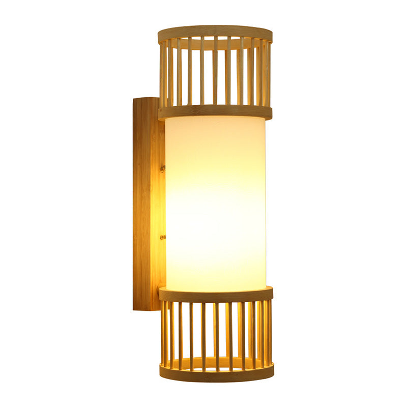 Lámpara de pared de bulbo individual de estilo asiático Encladrina de pared de cilindro de beige con sombra de madera