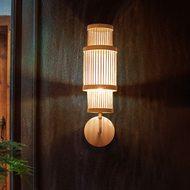 Cylinder Wall Lamp Fixture Asian Style Bamboo Single Bulb Wood Wall Lighting with Curved Arm for Restaurant