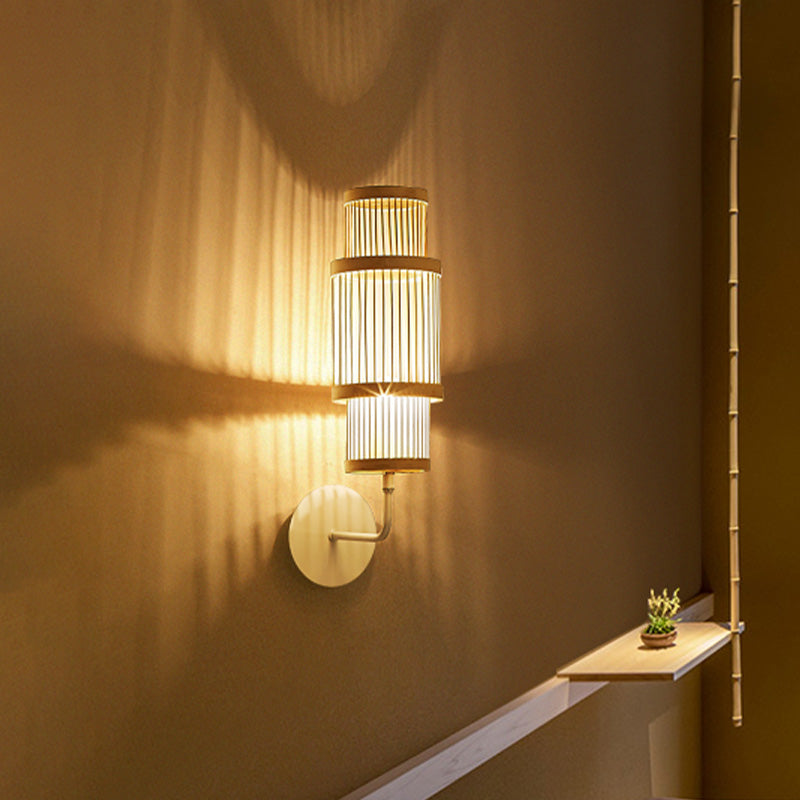 Cylinder Wall Lamp Fixture Asian Style Bamboo Single Bulb Wood Wall Lighting with Curved Arm for Restaurant