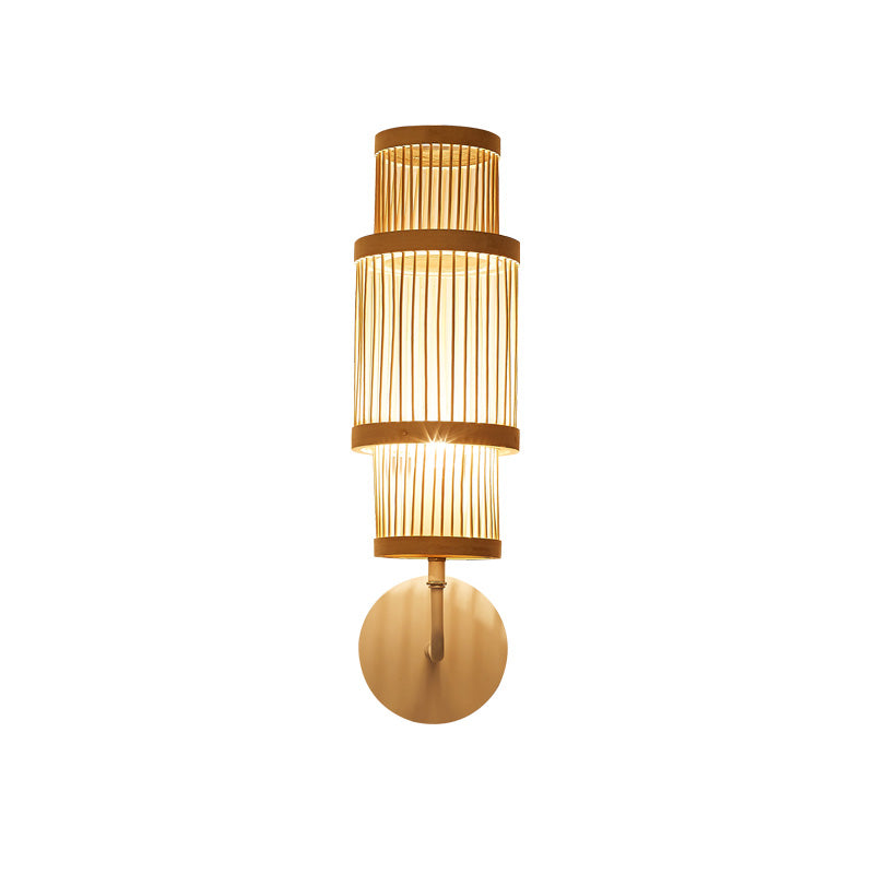Cylinder Wall Lamp Fixture Asian Style Bamboo Single Bulb Wood Wall Lighting with Curved Arm for Restaurant