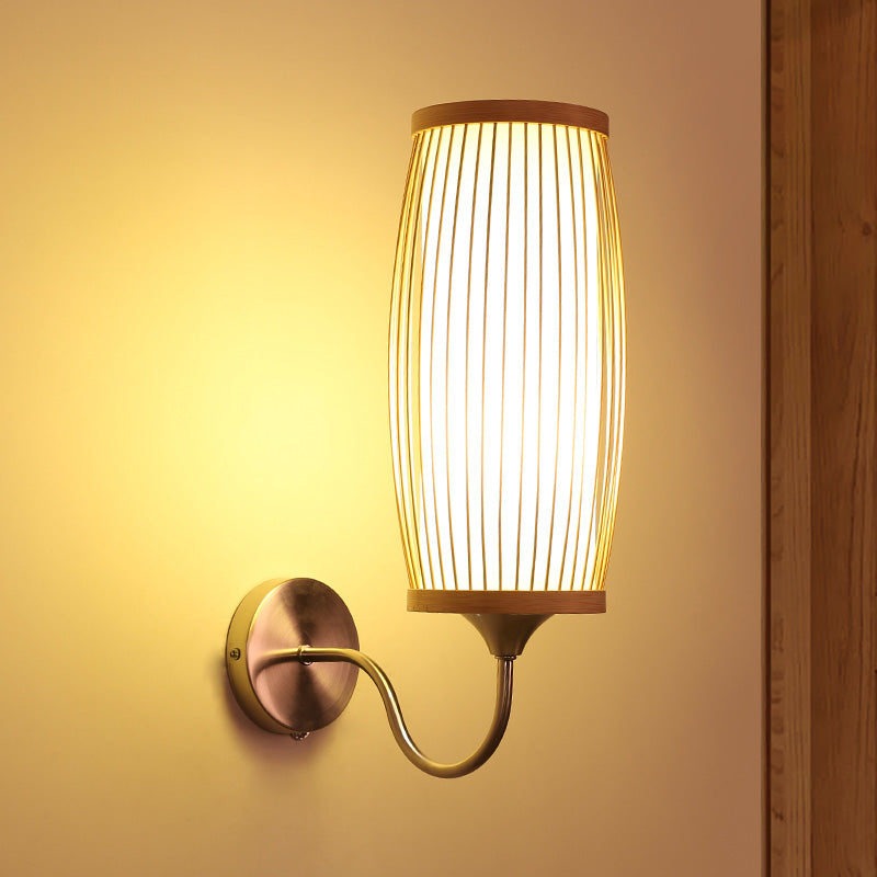 Barrel Sconce Lighting Fixture Asian Style Bamboo Single Head Beige Wall Mount Lamp with Inner Tube Parchment Shade