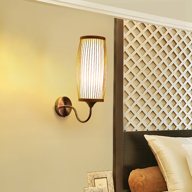 Barrel Sconce Lighting Fixture Asian Style Bamboo Single Head Beige Wall Mount Lamp with Inner Tube Parchment Shade