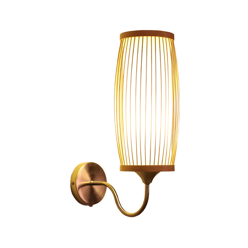 Barrel Sconce Lighting Fixture Asian Style Bamboo Single Head Beige Wall Mount Lamp with Inner Tube Parchment Shade