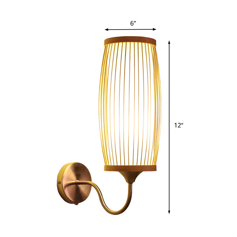 Barrel Sconce Lighting Fixture Asian Style Bamboo Single Head Beige Wall Mount Lamp with Inner Tube Parchment Shade
