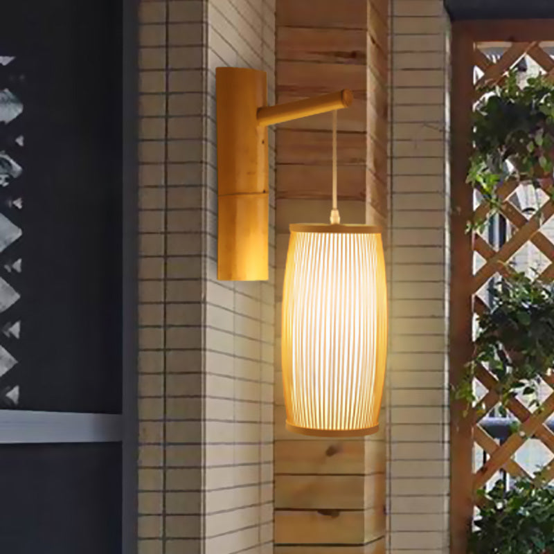 Single Head Hallway Wall Hanging Light Asian Style Wood Wall Mounted Lamp with Basket Bamboo Shade