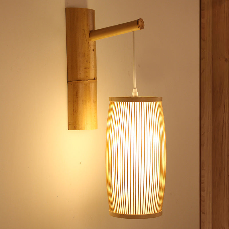 Single Head Hallway Wall Hanging Light Asian Style Wood Wall Mounted Lamp with Basket Bamboo Shade