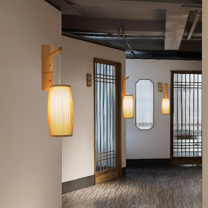 Parete del corridoio singolo appeso leggero asiatico lampada montata a parete in legno con cesta di bambù