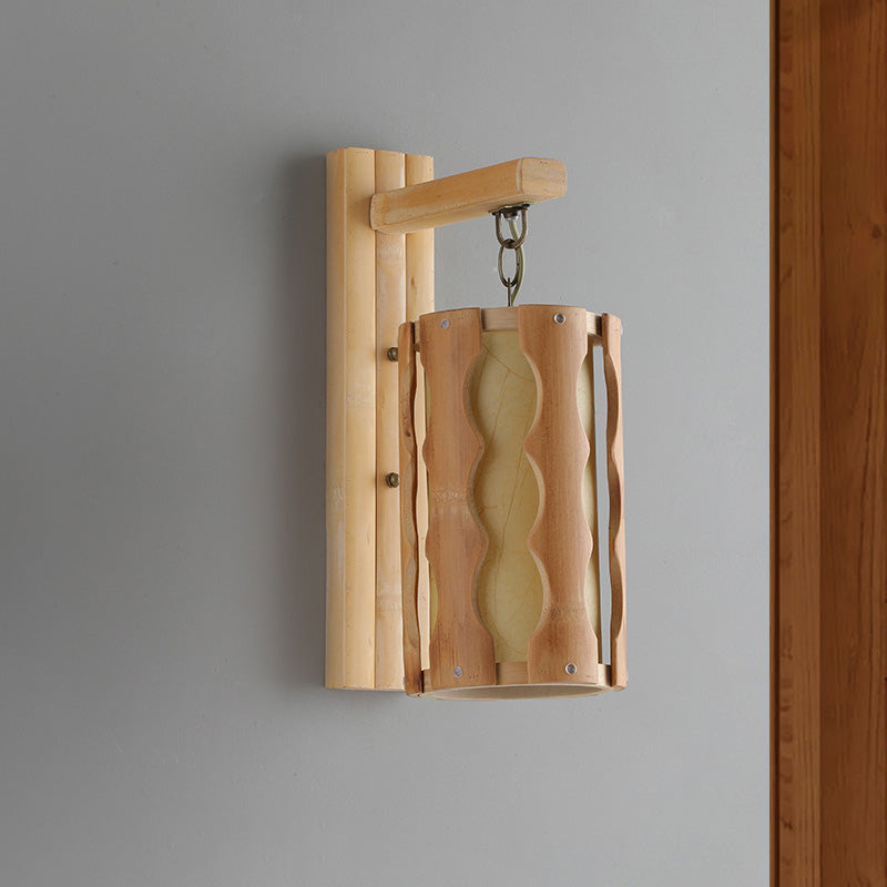 Cylinder Wall Mount Lamp Asian Style Wood Single Head Khaki Sconce Light Fixture for Restaurant