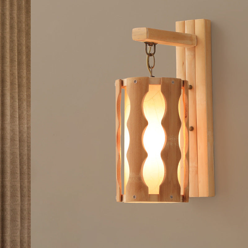 Cylinder Wall Mount Lamp Asian Style Wood Single Head Khaki Sconce Light Fixture for Restaurant