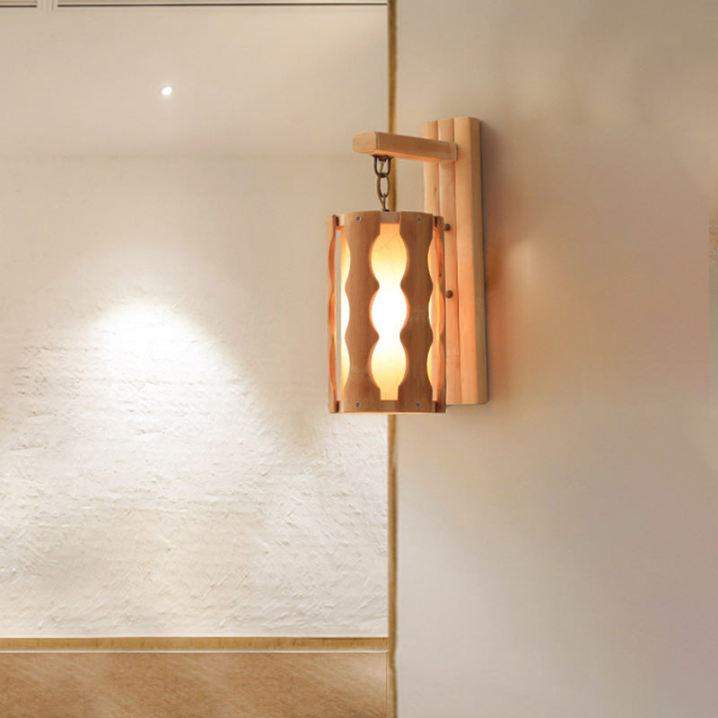 Cylinder Wall Mount Lamp Asian Style Wood Single Head Khaki Sconce Light Fixture for Restaurant