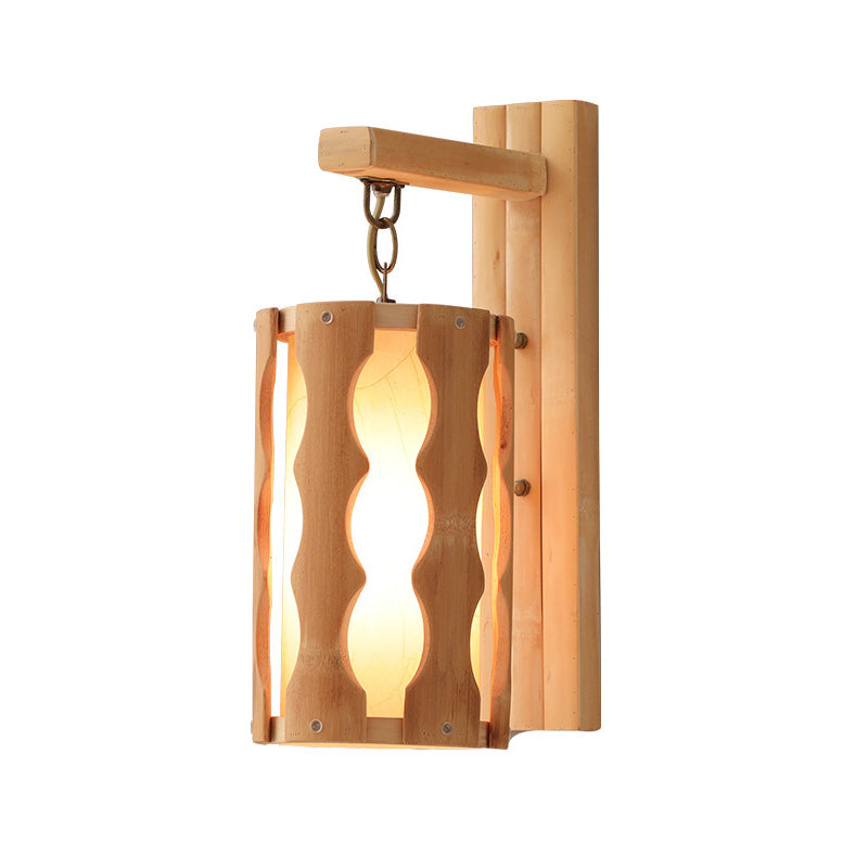 Cylinder Wall Mount Lamp Asian Style Wood Single Head Khaki Sconce Light Fixture for Restaurant