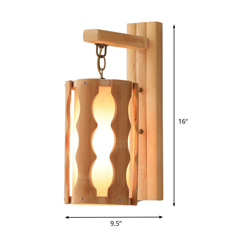 Cylinder Wall Mount Lamp Asian Style Wood Single Head Khaki Sconce Light Fixture for Restaurant