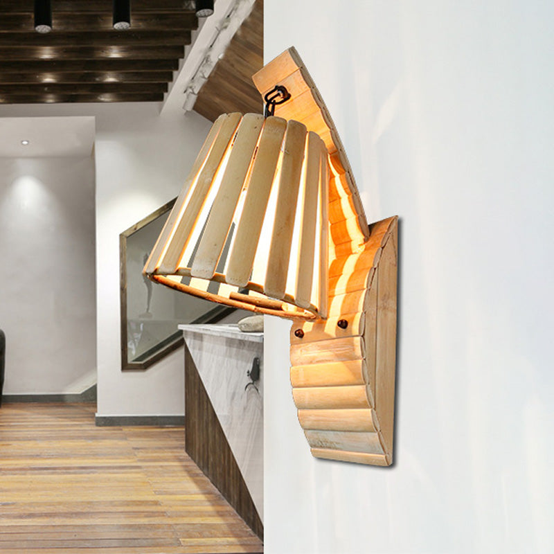 Asian Style Single Bulb Wall Mount Lighting Wood Trumpet Wall Sconce Lamp with Bamboo Shade