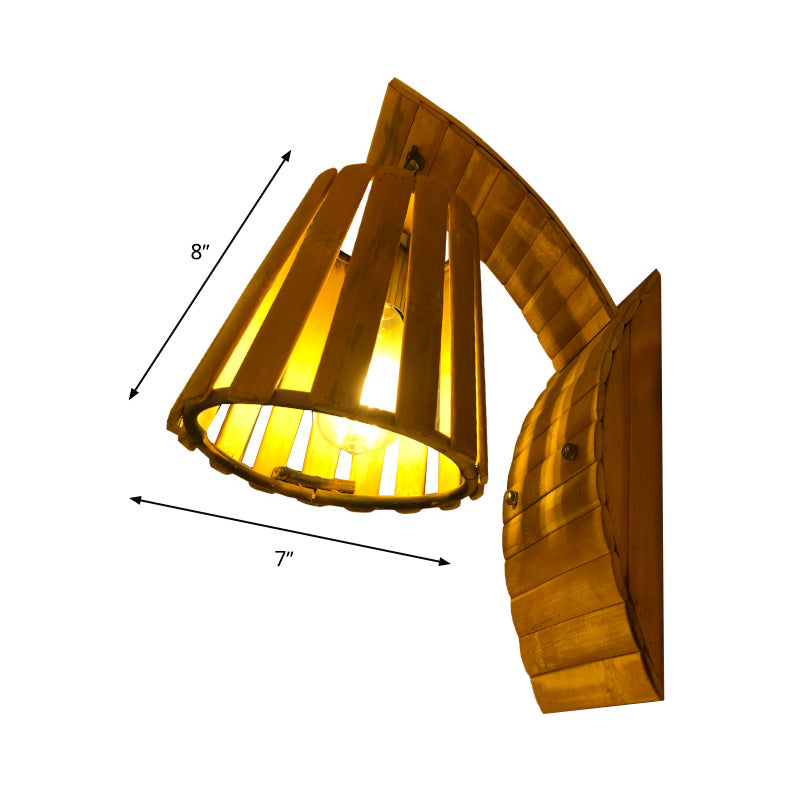 Asian Style Single Bulb Wall Mount Lighting Wood Trumpet Wall Sconce Lamp with Bamboo Shade