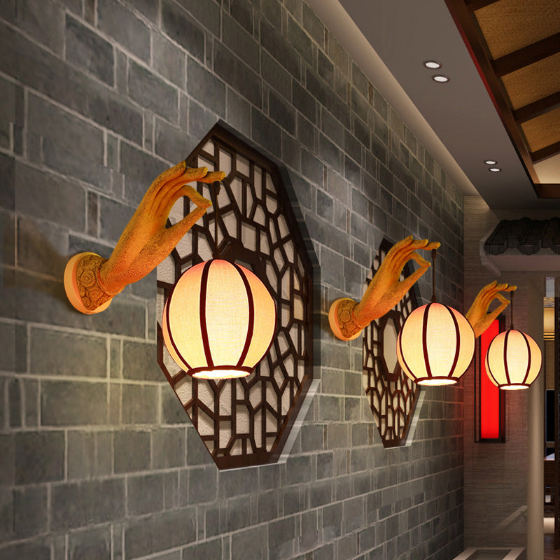 Red Global Wall Light Sconce Asian Style Single Head Fabric Wall Lamp Fixture with Resin Hand Backplate for Restaurant