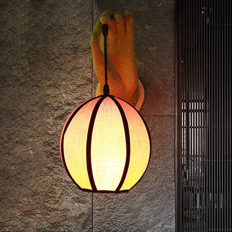 Red Global Wall Light Sconce Asian Style Single Head Fabric Wall Lamp Fixture with Resin Hand Backplate for Restaurant