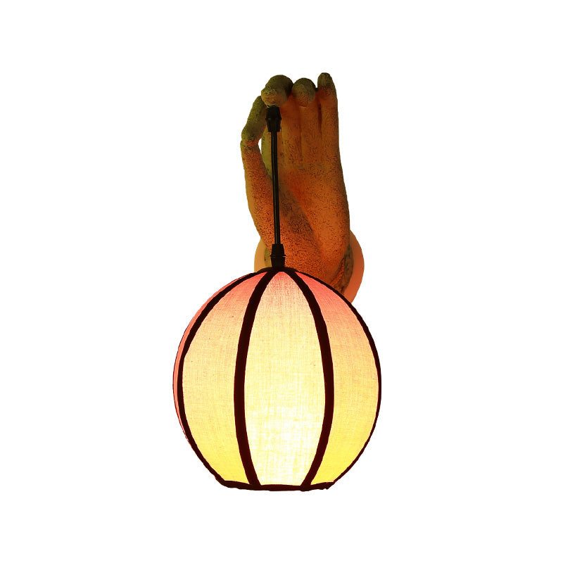 Red Global Wall Light Sconce Asian Style Single Head Fabric Wall Lamp Fixture with Resin Hand Backplate for Restaurant