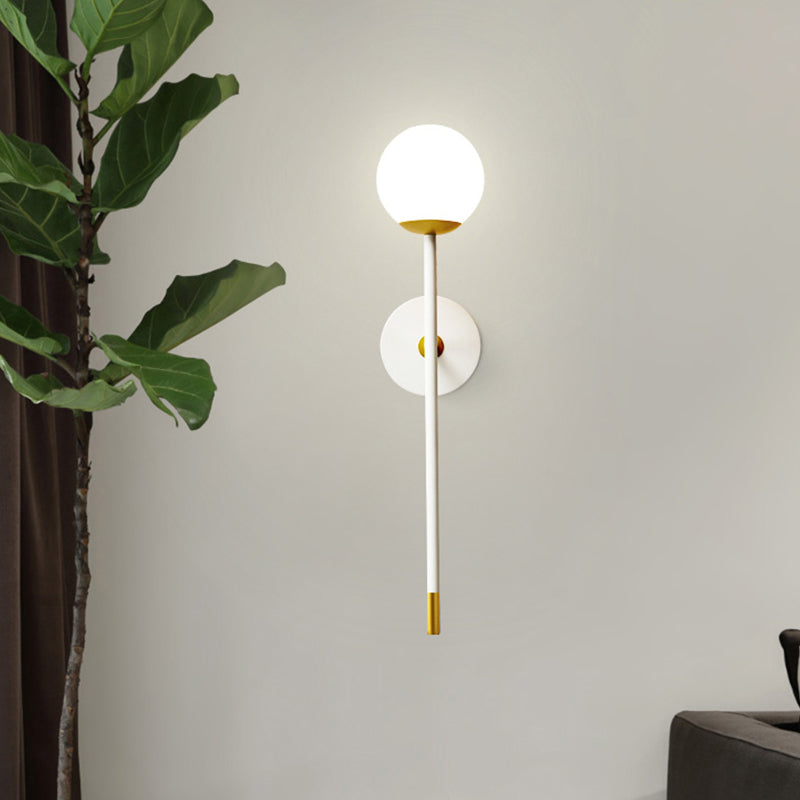 Long Arm Bedside Wall Lamp Kit Milk Frosted Glass Single Simple Sconce Fixture in White-Brass