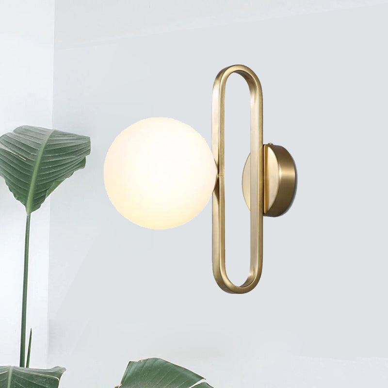 Cream Matte Glass Orb Wall Light Minimalist 1 Bulb Sconce Lighting with Gold Oval Arm