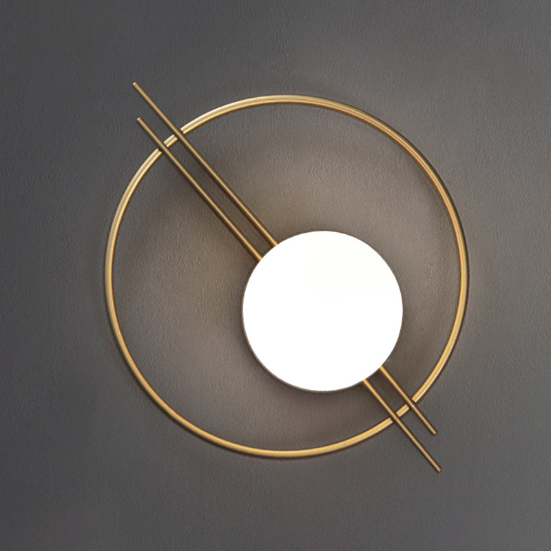 Circle Lounge Sconce Light Iron 1 Head Postmodern Wall Mounted Lighting in Black/Brass with Ball White Glass Shade