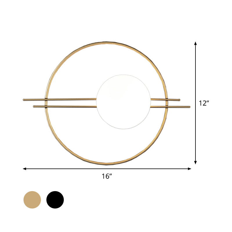 Circle Lounge Sconce Light Iron 1 Head Postmodern Wall Mounted Lighting in Black/Brass with Ball White Glass Shade