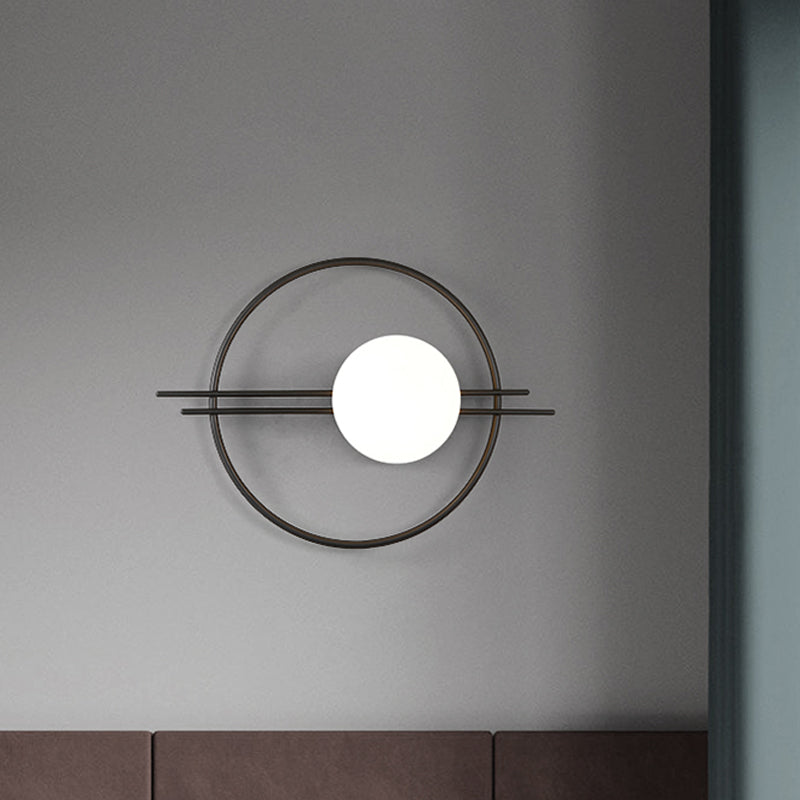 Circle Lounge Sconce Light Iron 1 Head Postmodern Wall Mounted Lighting in Black/Brass with Ball White Glass Shade