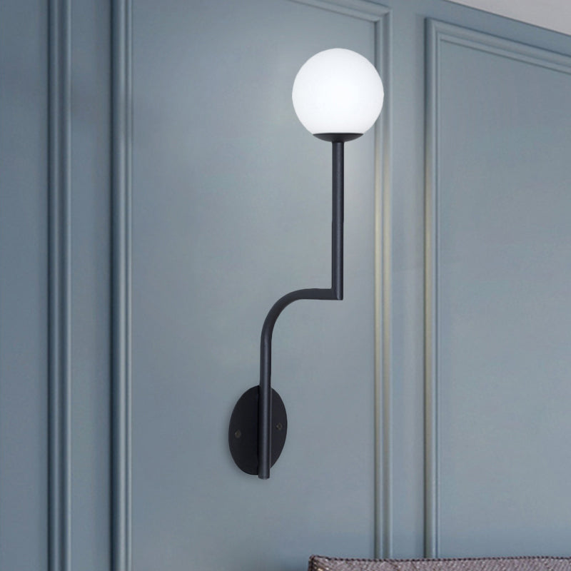 Simple Ball Opal Glass Wall Lamp Single Bulb Sconce Lamp with Long Curved Arm in Black/Gold