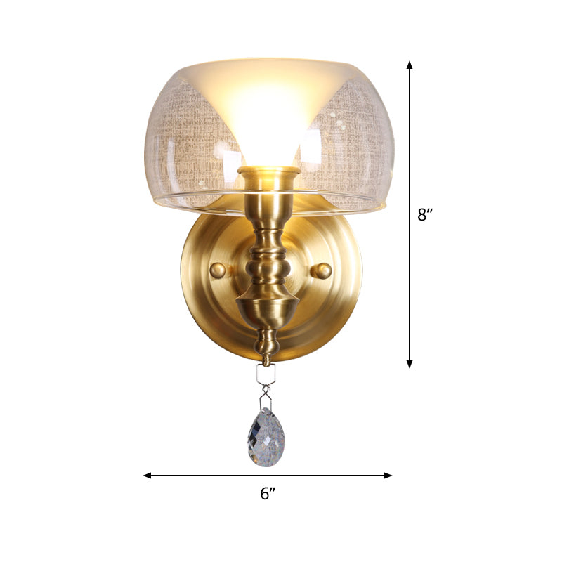 Kleine kom wandverlichtingsideeën Mid Century Clear Glass Single Brass SCONCE met binnenste wijd uitlopende schaduw en kristaldruppel