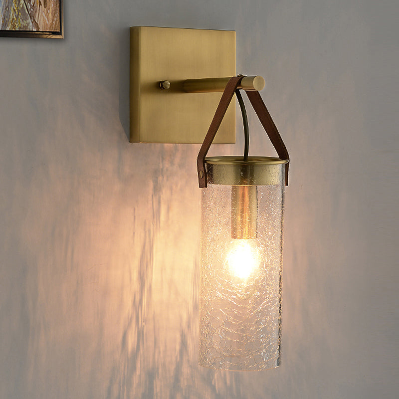 Postmodern Cylindrical Sconce Ideas Clear Crack Glass 1 Head Dining Room Wall Mounted Lamp in Brass with Leather Strap