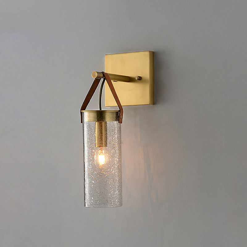 Postmodern Cylindrical Sconce Ideas Clear Crack Glass 1 Head Dining Room Wall Mounted Lamp in Brass with Leather Strap