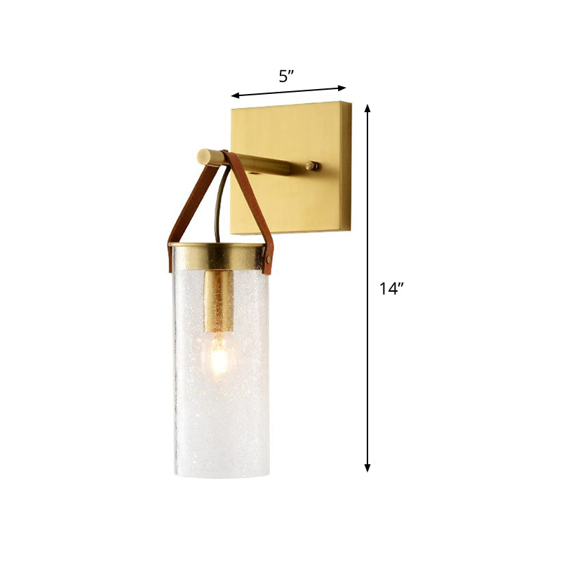 Postmodern Cylindrical Sconce Ideas Clear Crack Glass 1 Head Dining Room Wall Mounted Lamp in Brass with Leather Strap