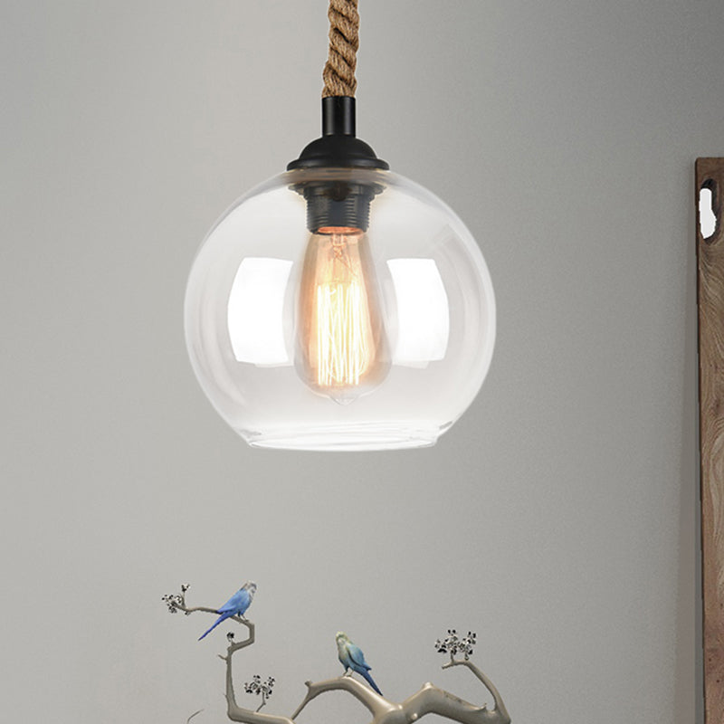 Amber/Clear Glass Ball Hanging Lighting Industrial 1 Head Restaurant Affermare lampada a sospensione con corda di corda