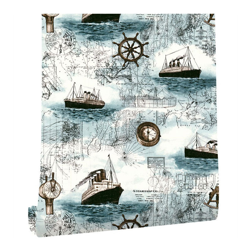 Sailing Boat Wall Covering in Pastel Color, Retro Wallpaper Roll for Kid's Bedroom