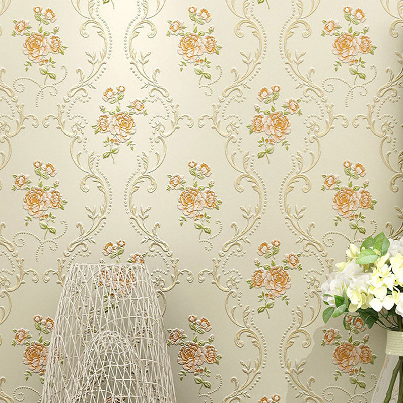 31' x 20.5" European Wallpaper Roll for Girl's Bedroom with 3D Effect Dense Flower Pattern in Natural Color