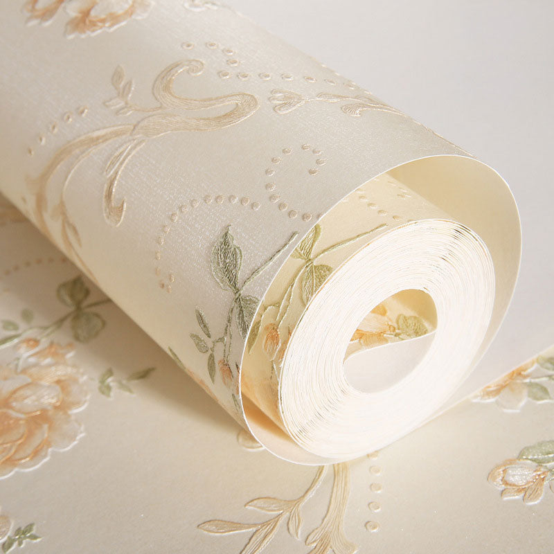 31' x 20.5" European Wallpaper Roll for Girl's Bedroom with 3D Effect Dense Flower Pattern in Natural Color